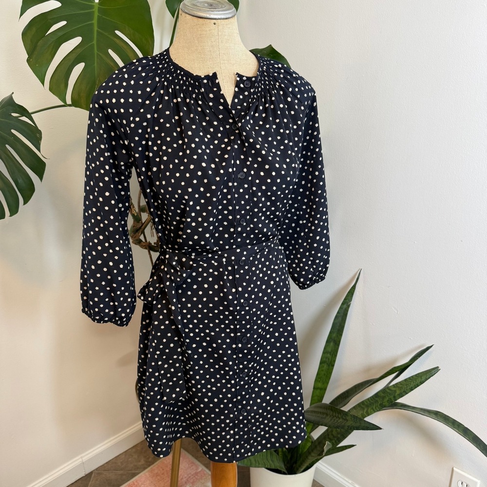Maeve Anthropologie Navy Polka Dot Smocked Neck Button Front Midi‎ Dress XS